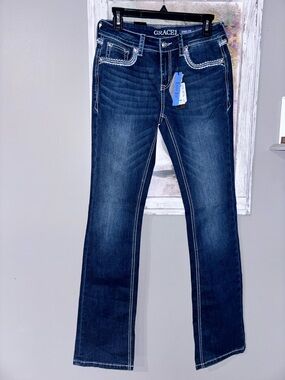 Grace NEW Women’s Jeans Easy Fit Boot Cut Blue Sz 26 Stretch Embroidered Whisk